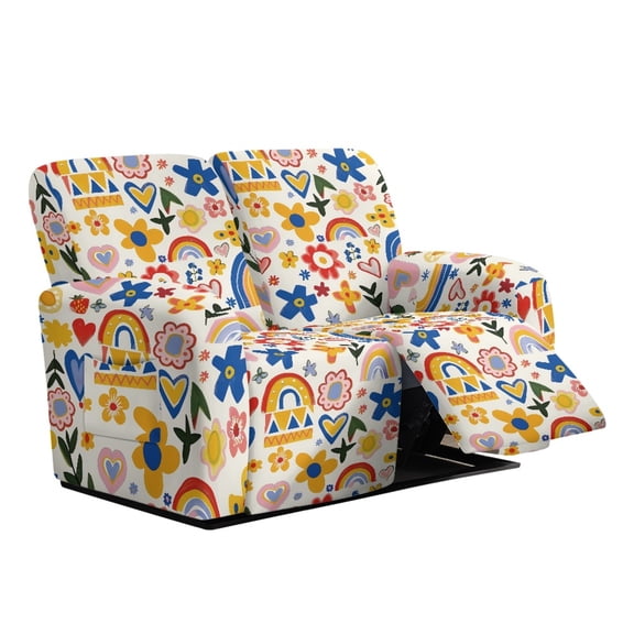 Xoenoiee Abstract Flower Rainbow Heart Print 6 Pieces Recliner Cover Stretch Recliner Chair Cover 2 Seater Recliner Couch Cover Sofa Cover Jacquard Soft Furniture Protector with Elastic Bottom