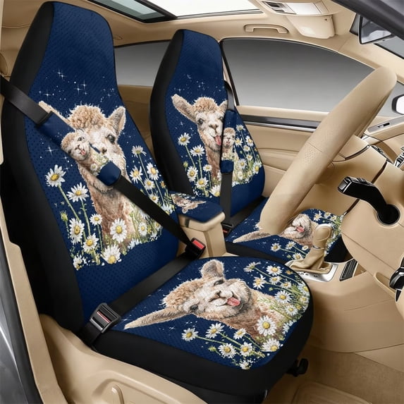 Xoenoiee Alpaca Daisy Flower Star Print 5 Pieces PU Leather Car Seat Covers Set with Seat Belt Pads & Center Console Cover, Universal Fit Waterproof Auto Interior Accessories for SUV Truck Sedan Van