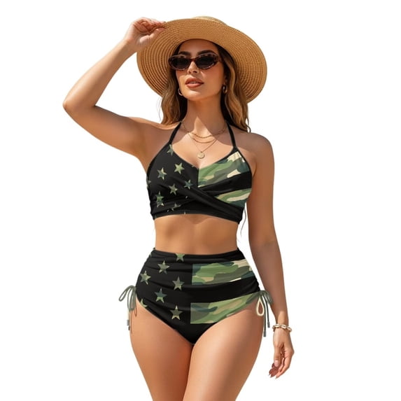 Xoenoiee American Flag Camo Print Women's Bikini Sets Two Piece Swimsuit V Neck Bathing Suit Halter Back Self Tie Swimwear High Rise Bottom, M