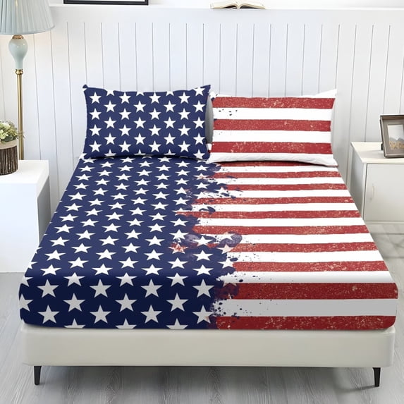 Xoenoiee American Flag Pattern 3pcs Extra Deep Pocket Fitted Sheet Set Bed Set, Silky Bedding Set Soft & Ultra Deep Fitted Sheet & 2 Pillowcase, King Size