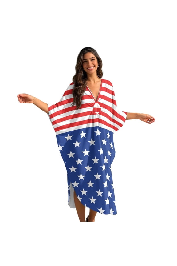 American Flag Pattern Kaftan Dress for Women V Neck Caftan Short Sleeve Beach Vacation Bikini Swimsuit Cover Up Side Slits Loungewear for Summer