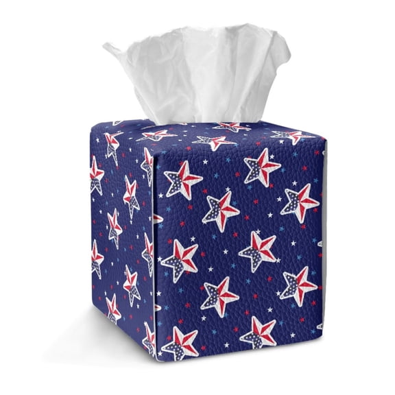 Xoenoiee American Flag Star Print PU Leather Tissue Box Cover 4th of July Foldable Square Tissue Case Bottom Snap for Home, Bathroom, Office, Car, Vanity, Night Stand, Modern Decor