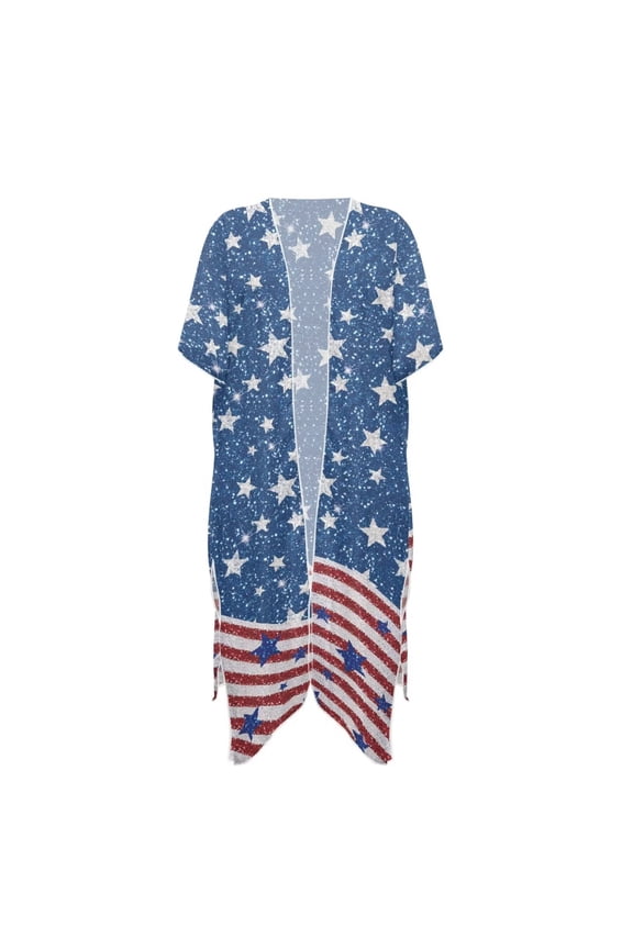 American Flag Swirl Print Half Sleeve Women's Sheer Mesh Short Sleeve Swimwear 4th of July Long Kimono Cardigan Summer Boho Beach Cover Up Tops for Vacation Beach