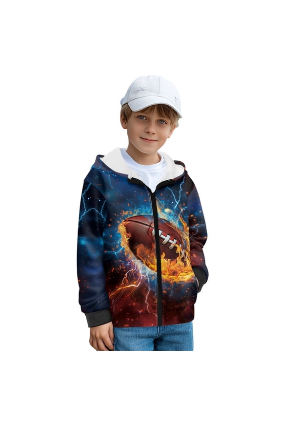 American Football Fire Lightning Print Hoodies for Boys Fleece Full Zip Up Sweatshirts Long Sleeve Hooded Sweatshirt Lightweight Jumpers Hooded Jacket Sports Shirt with Pocket, S