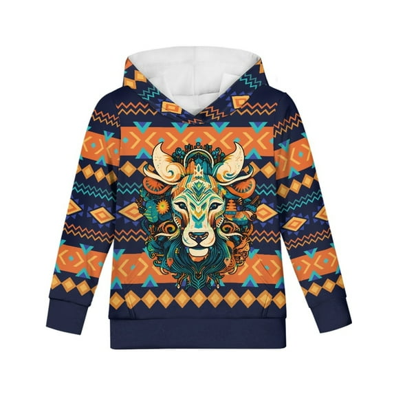 Xoenoiee American Tribal Geometric Lion Print Kids Sweatshirt Pullover Hoodies Long Sleeve Tops Hooded Sweater for Fall Winter Cosy Playwear with Kangaroo Pocket, S
