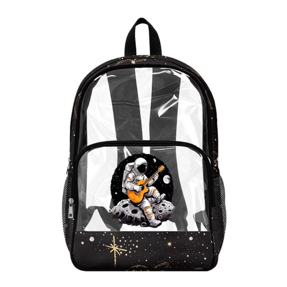 Xoenoiee Astronaut Planet Guitar Print Clear Backpack for Boys, Clear Bookbag for Stadium Events, Lightweight 17 Inch Transparent Shcool Bag with Adjustable Straps for Concert Sporting Festival