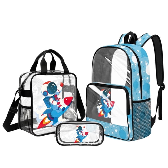 Xoenoiee Astronaut Rocket Print Clear Backpack for Kids Boys 3 Pieces School Bag Set with Lunch Box Pencil Case, Lightweight Bookbag Teen Back Packs Transparent Satchel Travel Daypack Bagpack