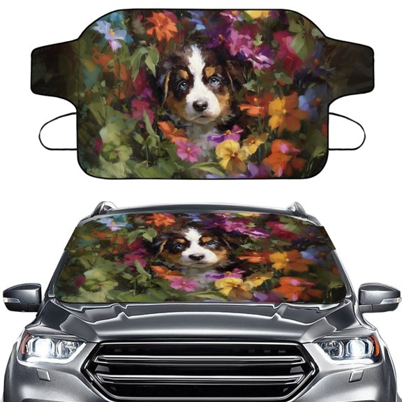 Xoenoiee Australian Shepherd Flower Print Car Windshield Cover for Ice and Snow, All-Weather Protection Winter Car Accessories Fits Cars, SUVs, Sedans, Trucks