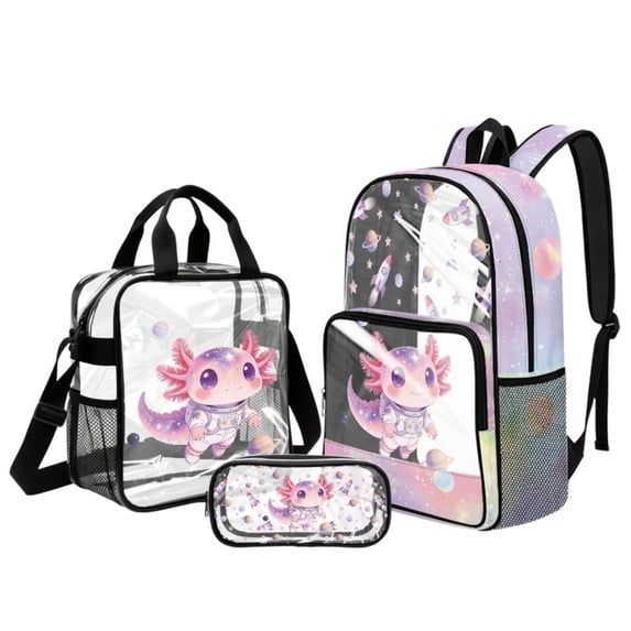 Xoenoiee Axolotl Astronaut Rocket Planet Star Print 3pcs Clear Backpack Schoolbag for Girls Stadium Approved Elementary Bookbag with Lunch Box Pencil Case 3 In 1 Casual Daypack with Adjuatable Strap