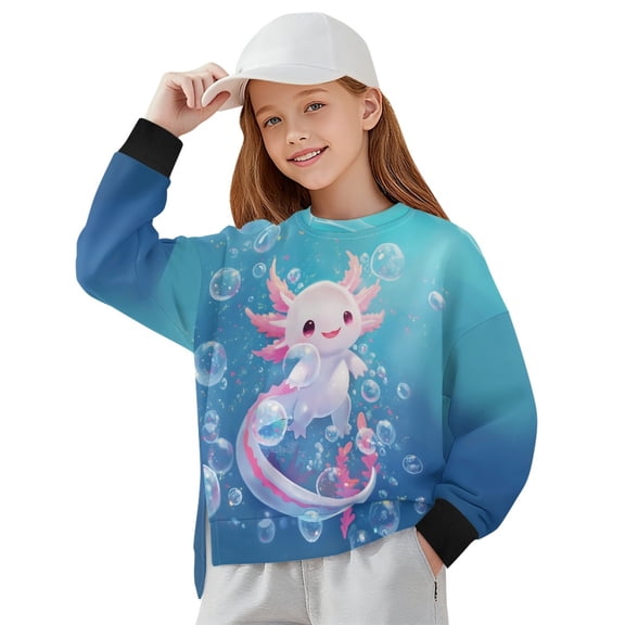 Xoenoiee Axolotl Bubble Print Crewneck Sweatshirts for Girls Kids Long Sleeve Oversized Sweatshirts Side Slit Loose Teen Girl Pullover Tops, 9-10 Years