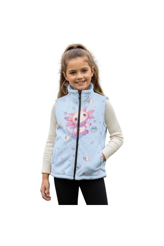 Axolotl Bubble Print Girls Fleece Vest with Pockets, Lightweight Sleeveless Zip Up Stand Collar Jacket, Casual Sports Outerwear Soft Warm Outerwear, Size 2T