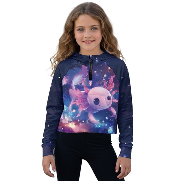 Xoenoiee Axolotl Butterfly Galaxy Print Kids Girls Half Zip Sweatshirt Long Sleeve Stand Collar Pullover Top Fall Hoodie Spring Casual Clothes, 5-6 Years
