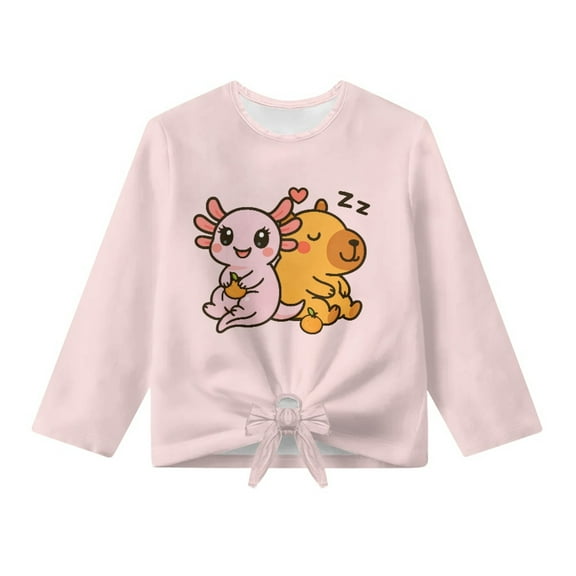 Xoenoiee Axolotl Capybara Orange Print Girl's Long Sleeve Shirts Tie Front Knot Tops Tee Crew Neck T Shirt Pullover Tunic Sweatshirt for Beach Vacation, Size 11-12 Year
