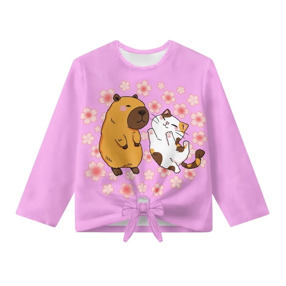 Xoenoiee Axolotl Cat Cherry Blossom Print Girls Long Sleeve Workout Tops Oversized Shirts Tie Front Blouses Crew Neck Graphic Gym Clothes Kids Winter Clothing, 5-6 Years