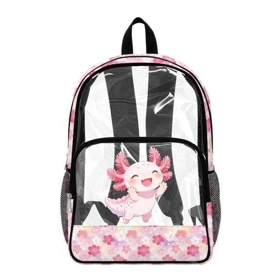 Xoenoiee Axolotl Cherry Blossom Print 17 Inch Backpack for Kids Girls 17 Inch Clear Backpacks Transparent Large Schoolbag PVC See Through Bookbag Rucksack Satchel for Kindergarten Primary Student