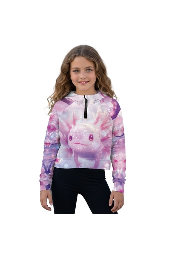 Axolotl Cherry Blossom Print Crop Top for Teen Girls Cropped Hoodie Long Sleeve Zip Up Jacket Workout Hooded Sweatshirt Y2K Girls Coats Clothes, 7-8 Years