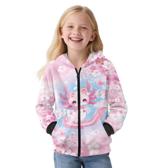 Xoenoiee Axolotl Cherry Blossom Print Girls Hoodies Long Sleeve Shirt Sweatshirt for Kids Fashion Pullover Hoodie Active Fall Outfits Lightweight Sweaters Tunic Tops with Zipper, XL