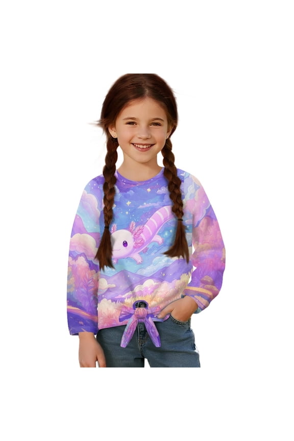 Axolotl Cloud Star Print Girls Long Sleeve Shirts Tie Hem Fall T-Shirt Round Neck Tops Blouse Pullover Tunic Outfits Fall Clothes, 9-10 Year