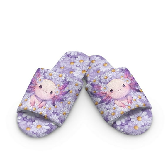 Xoenoiee Axolotl Daisy Flower Print Women's Slippers Fuzzy Memory Foam House Shoes Open Toe Slippers with Non-Slip Sole for Indoor and Outdoor, 12-13 Women/11-12 Men