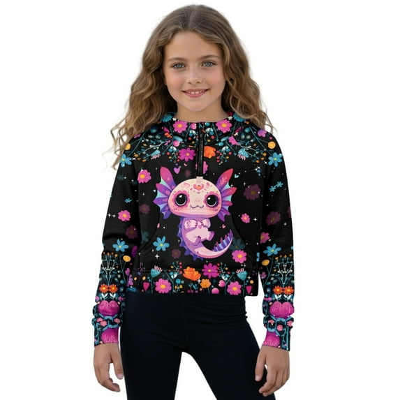 Xoenoiee Axolotl Flower Print Youth Girls Half Zip Sweatshirt Quarter Zip Pullover Hoodies Fall Clothes with Pocket for Teen Girls, 11-12 Years