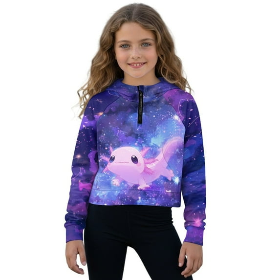 Xoenoiee Axolotl Galaxy Print Half Zip Hoodie Fleece Cropped Sweatshirt for Girls, Fall Winter Pullover Zip Up Jacket Coat for Kids Teens, 9-10 Years