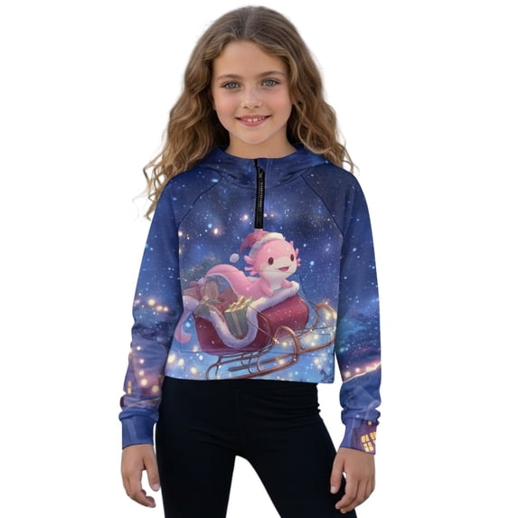 Xoenoiee Axolotl Gift Galaxy Print Oversized Sweatshirts for Girls Christmas Cropped Zipper Hoodies Xmas Outfits Half Zip Pullover Fall Winter 2025 Trendy Clothes, 9-10 Years