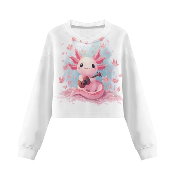 Xoenoiee Axolotl Guitar Cherry Blossom Print Girls Crop Top Long Sleeve Shirts Kids Crewneck Sweatshirt Casual Tops Athletic Comfy Pullover Tees, 5-6 Years