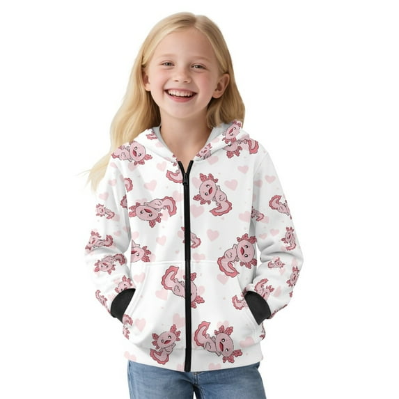 Xoenoiee Axolotl Heart Print Fleece Zip Hoodies Sweatshirt for Teen Girls Long Sleeve Activewear Kids Pullover Hoody Sweatshirts with Pockets for Fall/Spring Vacation Sports, 8-10 Years