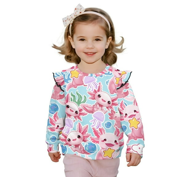 Xoenoiee Axolotl Jellyfish Coral Star Bubble Print Girls Crewneck Sweaters Cute Crewneck Ruffle Sweatshirts Long Sleeve Knit Pullover Sweater Tops, Size 7-8 Years
