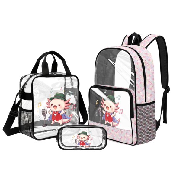 Xoenoiee Axolotl Music Note Print Clear Backpack for Kids Girls 3 Pieces School Bag Set with Lunch Box Pencil Case, Lightweight Bookbag Teen Back Packs Transparent Satchel Travel Daypack Bagpack