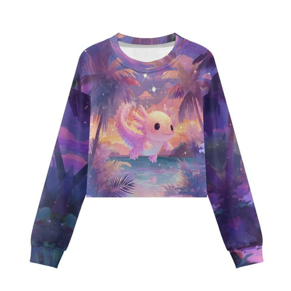Xoenoiee Axolotl Palm Tree Print Girls Pullover Crewneck Sweatshirt, Long Sleeve Shirts Crop Tops for Teens Youth, 7-8 Years