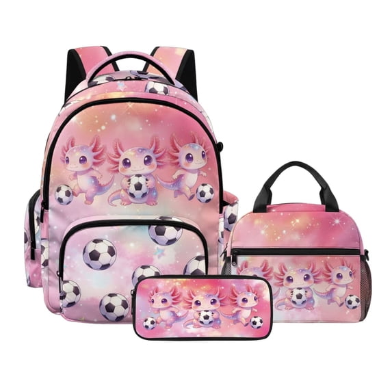 Xoenoiee Axolotl Soccer Star Print 3pcs Kids Backpack Schoolbag for Girls Elementary Primary Bookbag with Lunch Box Pencil Case 3 In 1 Casual Daypack Rucksack Satchel with Adjuatable Strap