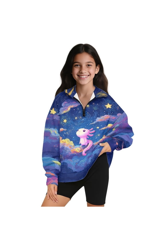 Axolotl Star Cloud Print Girls Half Zip Oversized Sweatshirts Long Sleeve Fleece Trendy Pullover Workout Warm Tops Outerwear, Size 9-10 Years