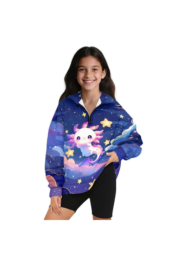 Axolotl Star Cloud Print Girls Sweatshirts Half Zip Pullover Fleece Quarter Zipper Hoodies 2025 Fall Fashion Outfits Clothes,Size 5-6 Years