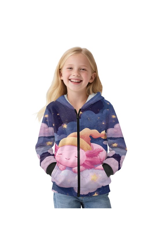 Axolotl Star Cloud Print Hoodies for Girls Sweatshirt Pullover Fleece Full Zip Long Sleeve Shirt Lightweight Hoodie with Front Pocket Loose Comfy Fall Outfits Activewear, XL