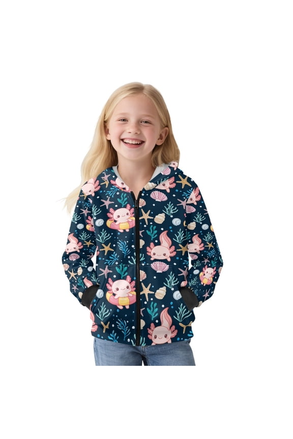 Axolotl Starfish Coral Print Girls Hoodies Hooded Sweatshirt Graphic Pullover Hoodies Full-Zip Front Long Sleeve Shirt Fall Clothes Sweater Shirt Outfits for Kids Tenns, L