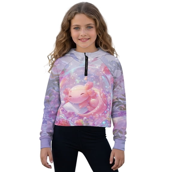 Xoenoiee Axolotl Strawberry Flower Print Girls Quarter Zip Hoodie Pullover Long Sleeve Shirts Half Zip Sweatshirt Casual Crop Top Trendy Clothes, 9-10 Years