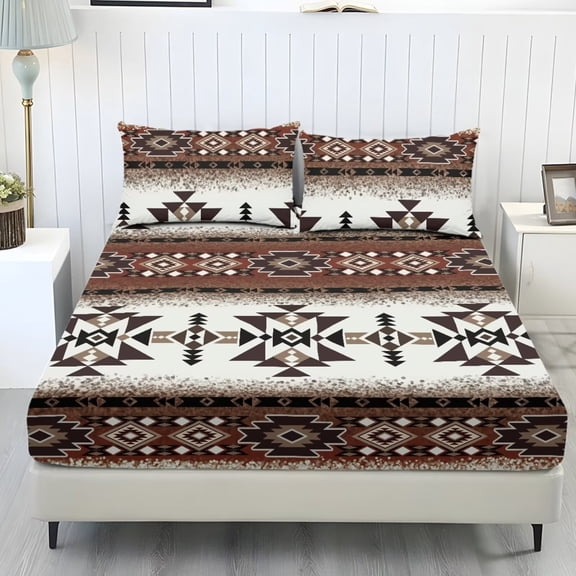 Xoenoiee Aztec American Tribal Geometric Pattern Fitted Sheet Set 3-Piece Deep Pocket, Soft Breathable Microfiber with 2 Pillowcases, Wrinkle-Free Easy Care, No Flat Sheet, Twin Size