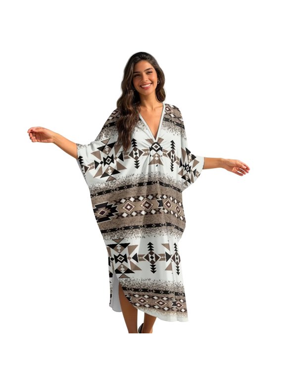 Aztec American Tribal Geometric Print Women's Kaftan Dress Caftan Dresses Plus Size Mumu with V-Neck Batwing Sleeves Lightweight Beach Cover Up and Loungewear