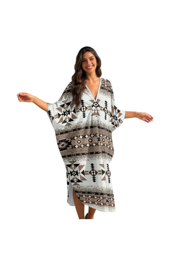 Aztec American Tribal Geometric Print Women's Kaftan Dress Caftan Dresses Plus Size Mumu with V-Neck Batwing Sleeves Lightweight Beach Cover Up and Loungewear