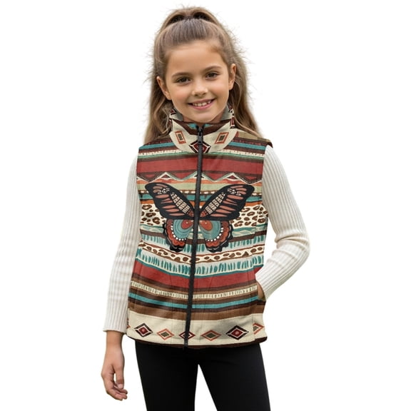 Xoenoiee Aztec Butterfly Leopard American Tribal Print Toddler Boys Girls Fleece Vest Coat Warm Sleeveless Jacket Zip up Polar Fuzzy Waistcoat Fall Winter, Size 11-12 Years