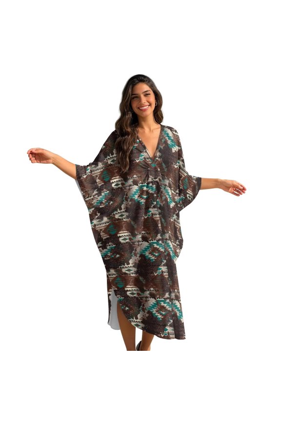 Aztec Cow American Tribal Geometric Print V-Neck Batwing Kaftan Women's Plus Size Caftan Loose Fit Boho Beach Dress Bathing Suit Cover Up Mumu Dresses Loungewear
