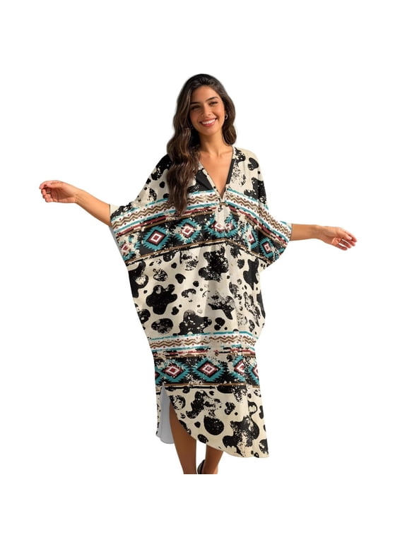 Aztec Cow American Tribal Print Women's Plus Size Kaftan Dress Plus Size Maxi Dress Batwing Sleeve Moo Moos Beach Cover Up, Soft Caftan Loungewear Beach Robe