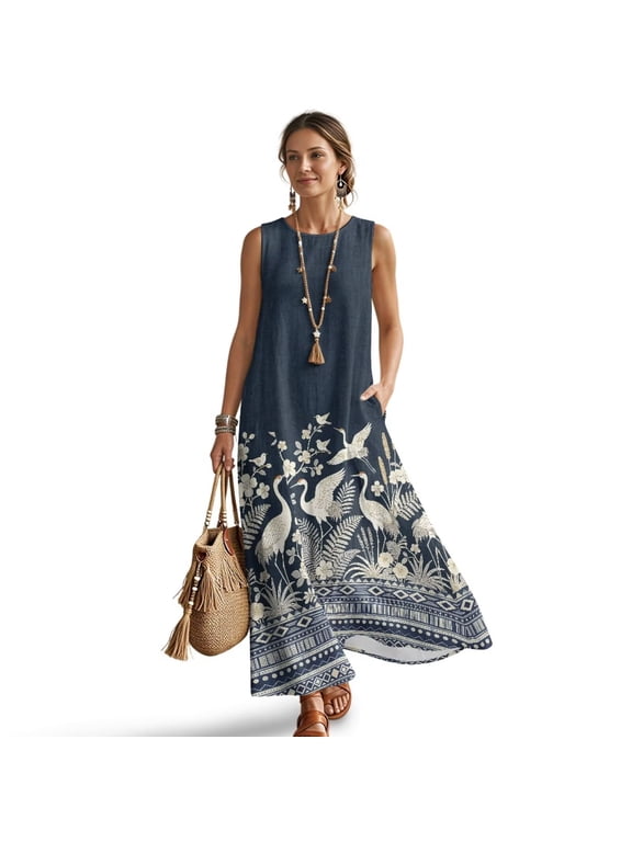 Aztec Crane Cherry Blossom Print Women's Summer Maxi Dress Cotton Linen Casual Sleeveless Crewneck Loose T-Shirt Dress with Pockets, Long Beach Sundress Travel Vacation Outfits, M