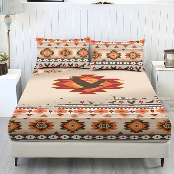 Xoenoiee Aztec Eagle American Tribal Pattern Deep Pocket Fitted Sheet Set, 3 Pieces Stretchy Snug Fit Bedsheet with 2 Pillowcases, Wrinkle Resistant, Easy Care Bedding for Women Men, King Size