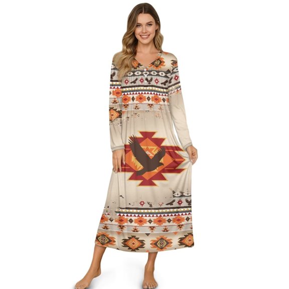 Xoenoiee Aztec Eagle American Tribal Print Nightgowns for Women Long Sleeve Nightgown V Neck Long Sleepwear Button Down Sleep Shirt Moo Moos Soft Night Gown, Size M