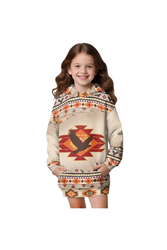 Aztec Eagle American Tribal Print Oversized Long Hoodies Fall Outfits Sweatshirt for Girls Hooded Pullover Long Sleeve Tunic Dress Casual Sweat Shirts with Pocket, 11-12 Years