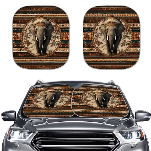 Xoenoiee Aztec Elephant Feather American Tribal Print Windshield Sunshade, Foldable 2 Pack Car Front Window Sun Shade, Blocks UV Rays Sun Visor, Universal Size Car Accessories Interior