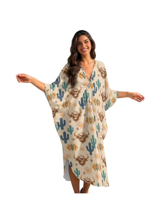 Aztec Highland Cattle Cactus Sun Pattern Kaftan Dresses for Women V-Neck Batwing Sleeves Swimsuit Beach Cover Up Caftan Hawaiian Mumu Dresses Long Maxi Dress