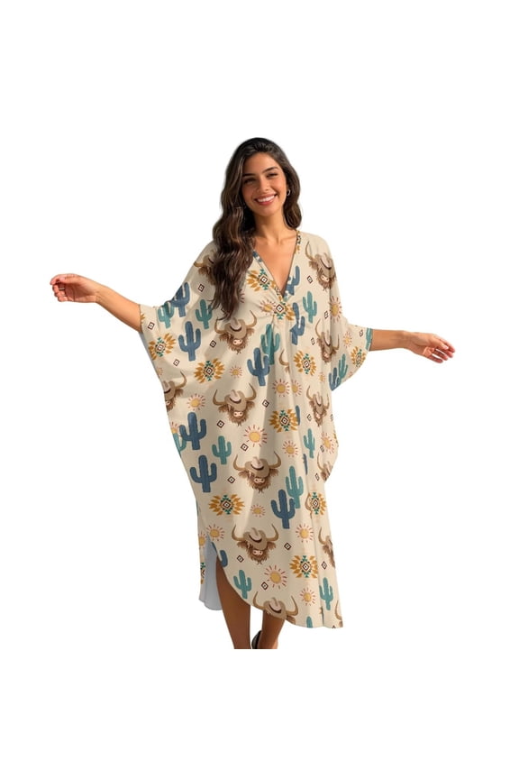 Aztec Highland Cattle Cactus Sun Pattern Kaftan Dresses for Women V-Neck Batwing Sleeves Swimsuit Beach Cover Up Caftan Hawaiian Mumu Dresses Long Maxi Dress